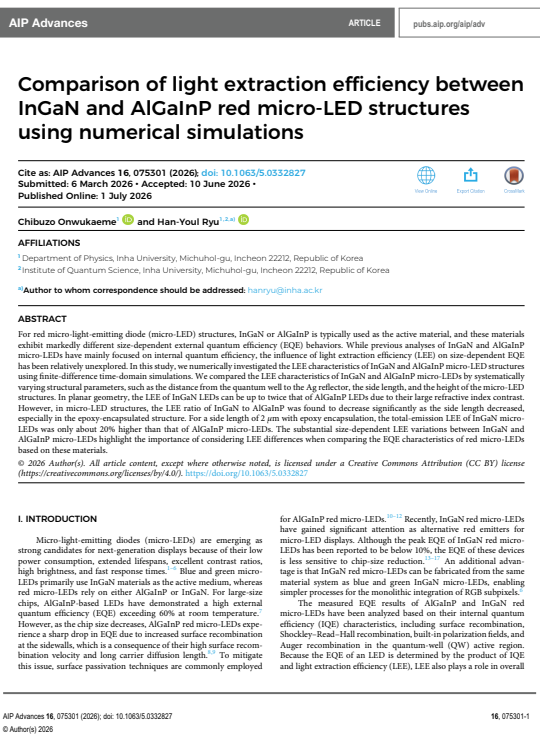 Comparison of light extraction efficiency between InGaN and AlGaInP red micro-LED structures using numerical simulations